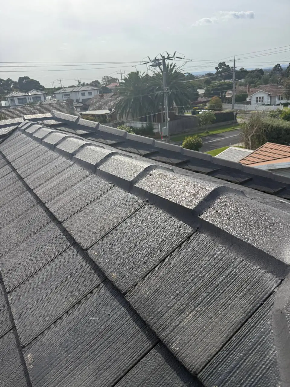 Weathered tile roof with cracked ridge pointing and moss, before repair — project 2