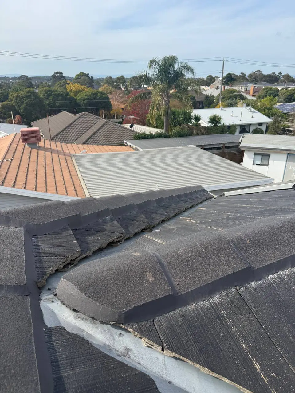 Weathered tile roof with cracked ridge pointing and moss, before repair — project 5